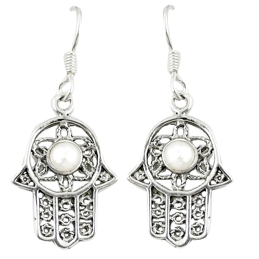 Natural white pearl 925 sterling silver hand of god hamsa earrings d23025