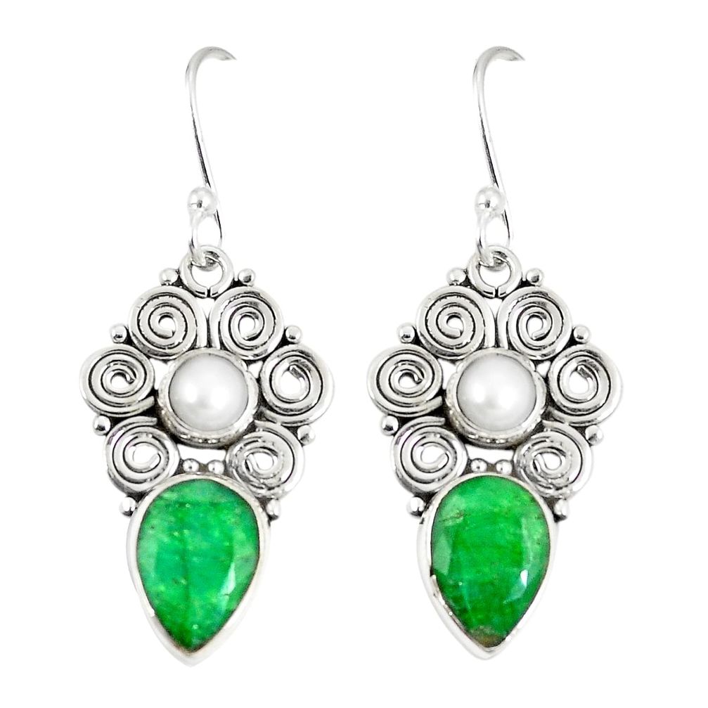 Natural green emerald white pearl 925 sterling silver dangle earrings d23123
