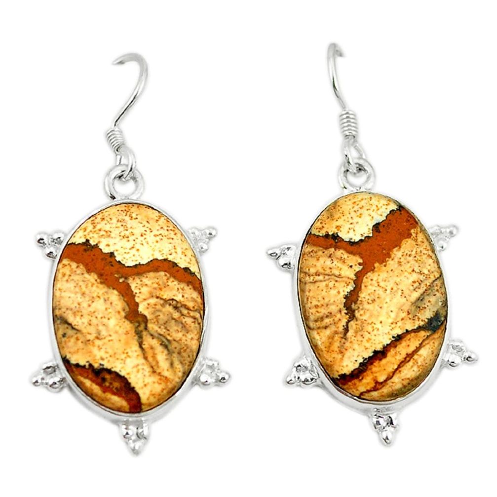 Natural brown picture jasper 925 sterling silver dangle earrings d2381
