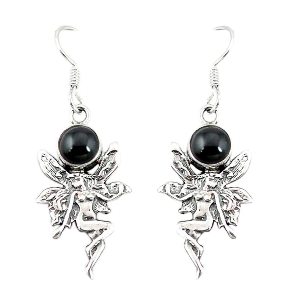 Natural black onyx 925 sterling silver angel wings fairy earrings d2402