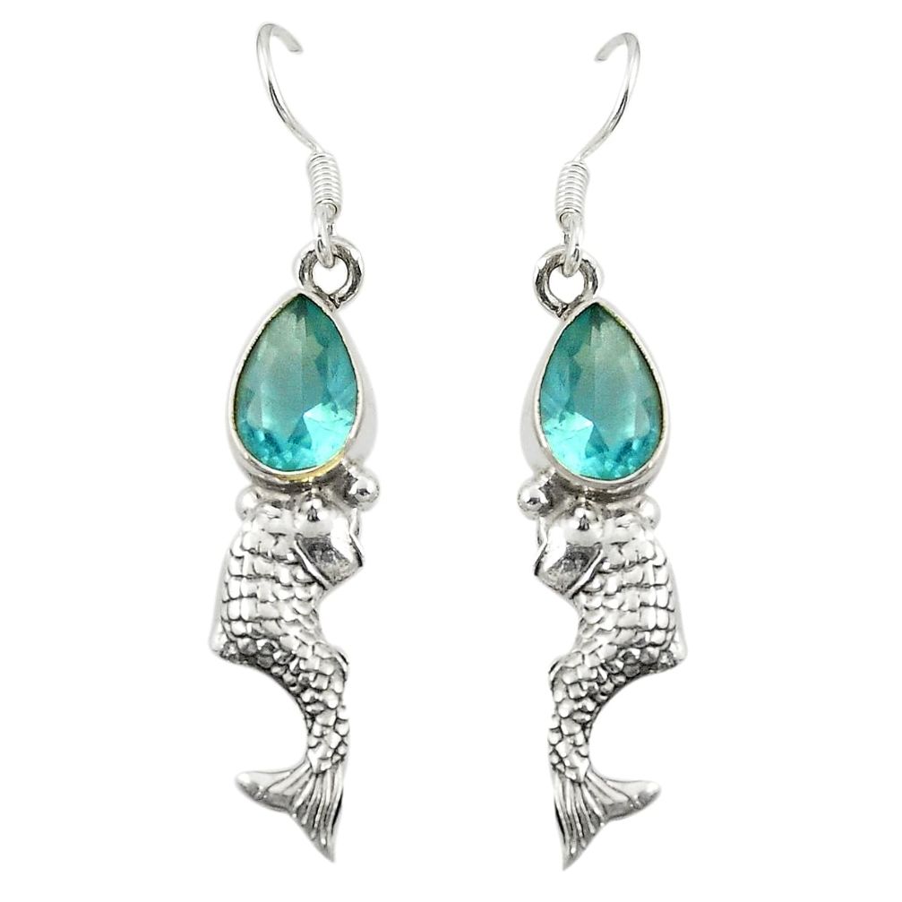 Natural blue topaz 925 sterling silver fish earrings jewelry d25304