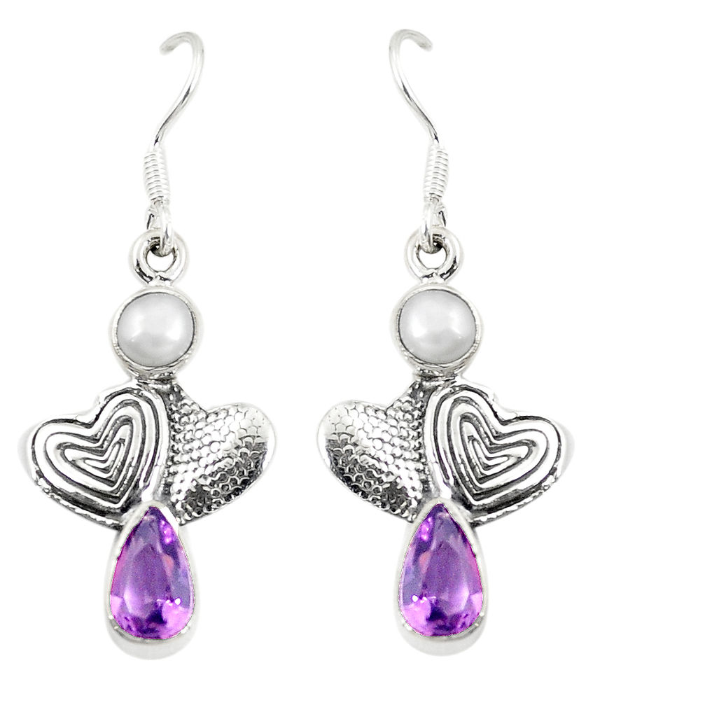 Natural purple amethyst white pearl 925 silver couple hearts earrings d25395