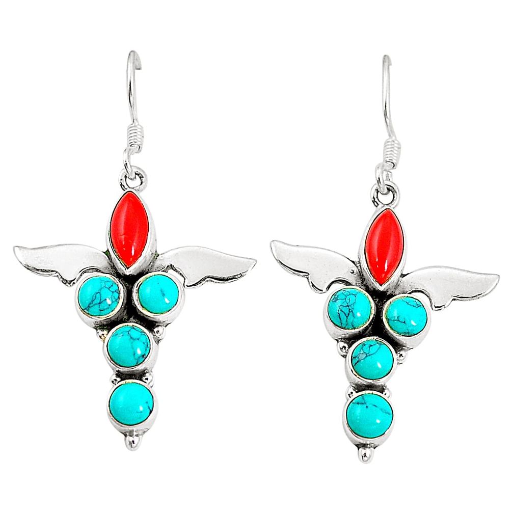 Red coral turquoise 925 sterling silver dangle earrings jewelry d25476