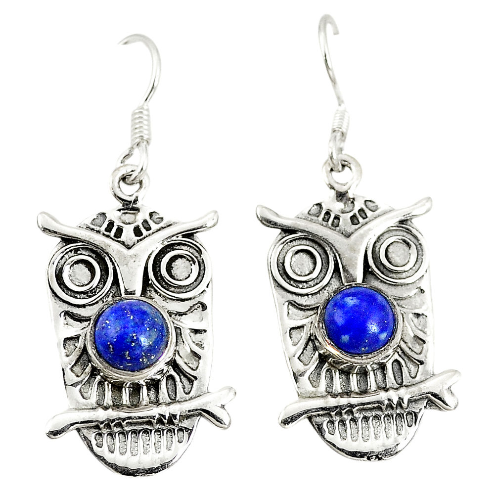 Natural blue lapis lazuli 925 sterling silver dangle owl earrings d25533