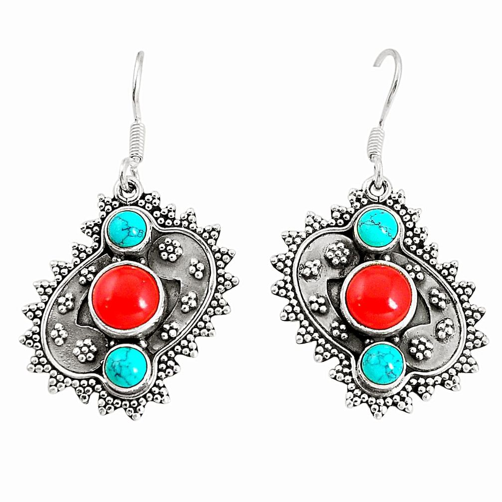 Red coral turquoise 925 sterling silver dangle earrings jewelry d25544