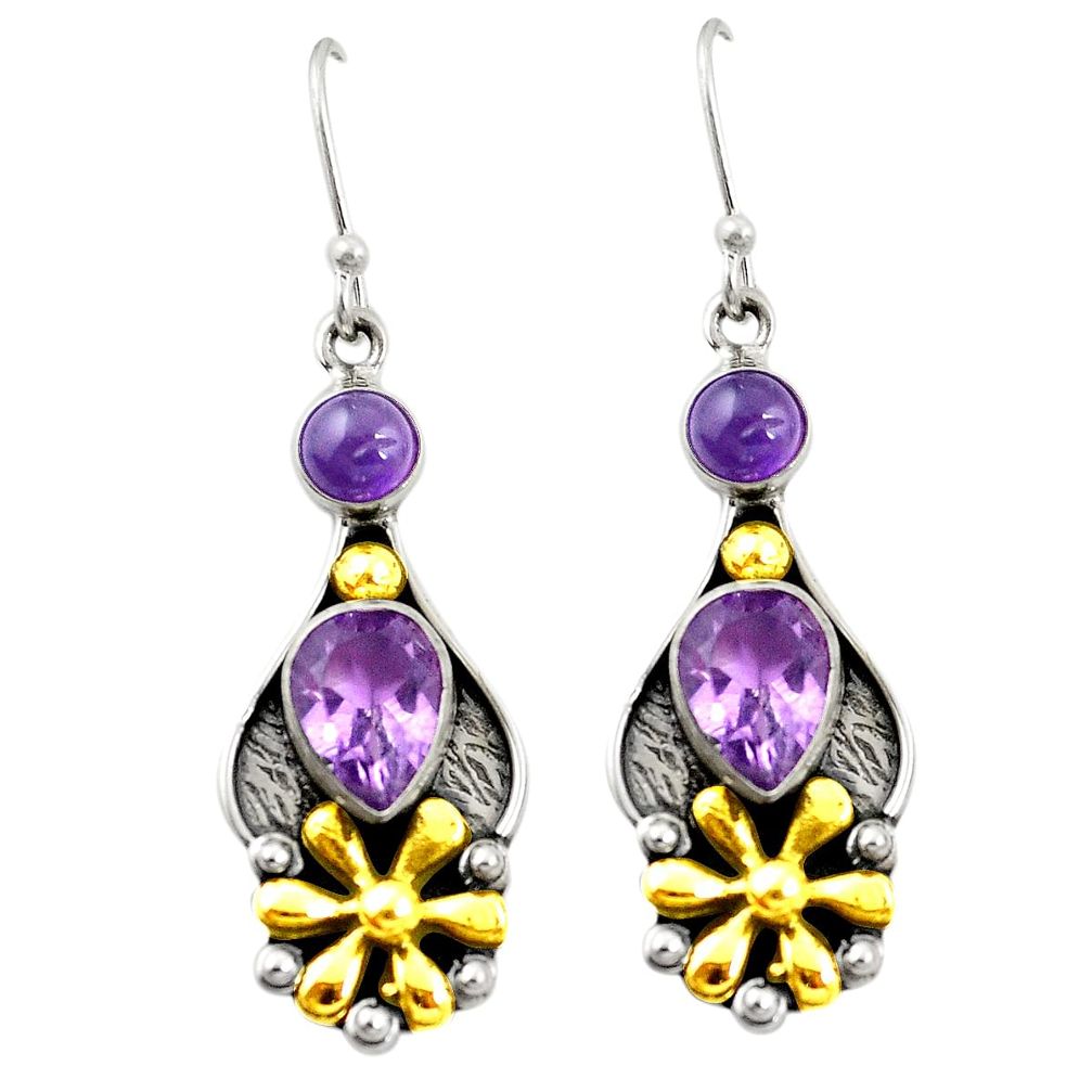 Natural purple amethyst 925 silver 14k gold dangle earrings d26107