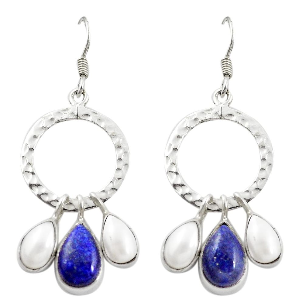 925 silver natural blue lapis lazuli white pearl dangle earrings d26108