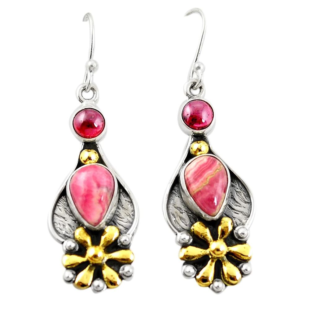 Natural pink rhodochrosite inca rose 925 silver 14k gold dangle earrings d26109