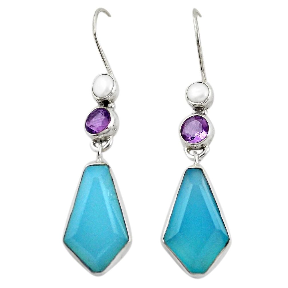 Natural aqua chalcedony amethyst 925 silver dangle earrings d26142