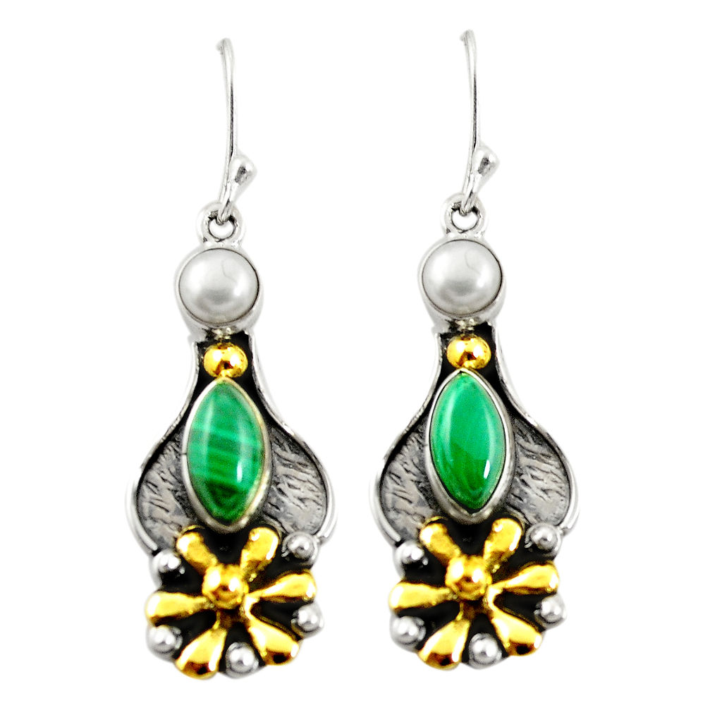 Natural green malachite (pilot's stone) 925 silver gold dangle earrings d26151