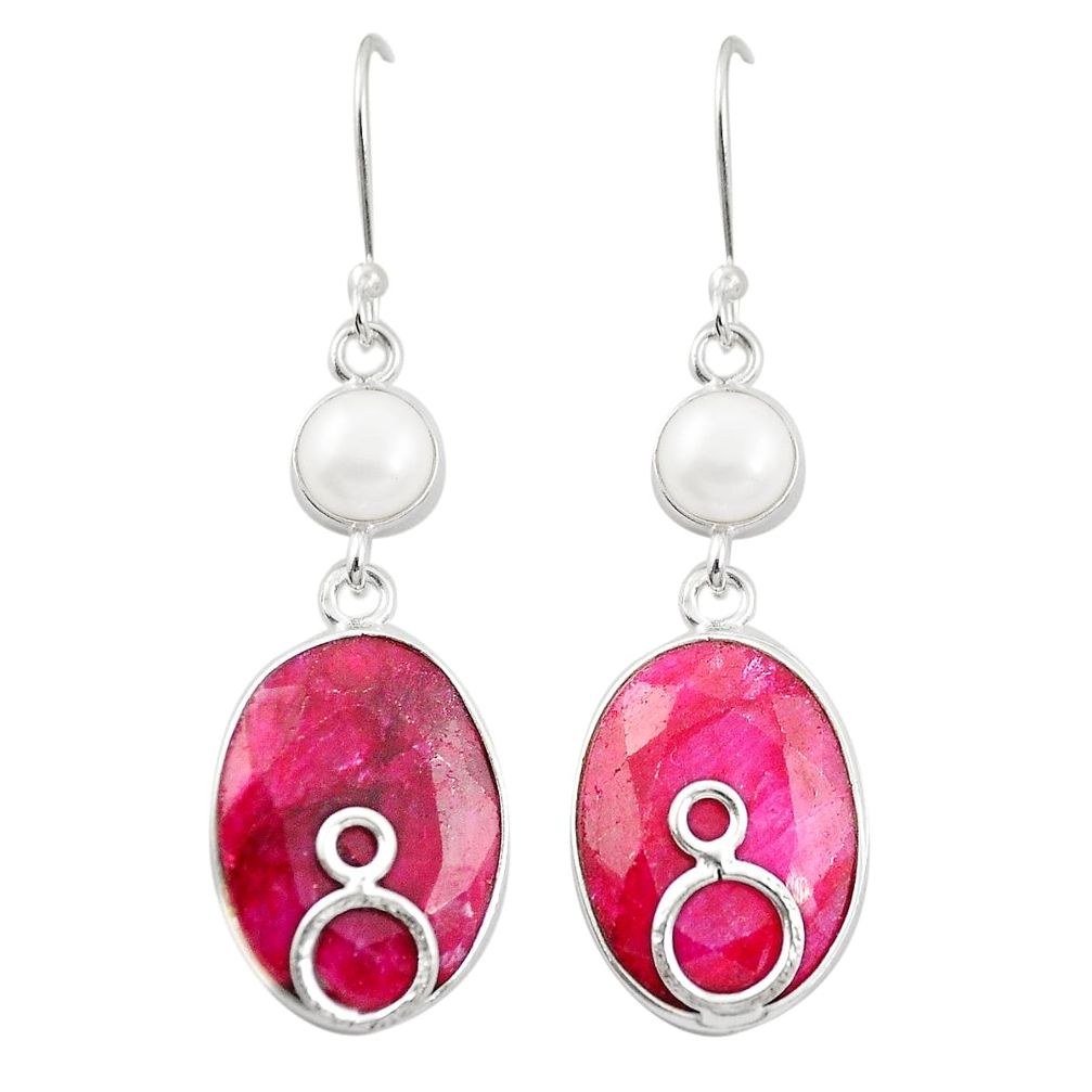 Natural pink ruby white pearl 925 sterling silver dangle earrings d26325