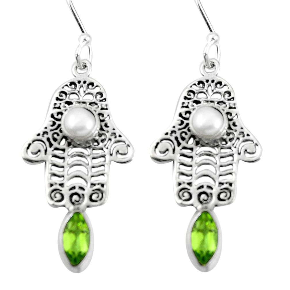 Natural green peridot pearl 925 silver hand of god hamsa earrings d27587
