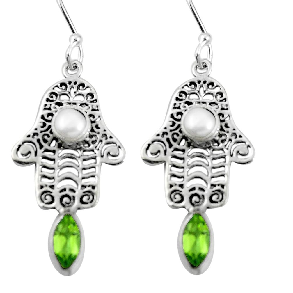 Natural green peridot pearl 925 silver hand of god hamsa earrings d27592