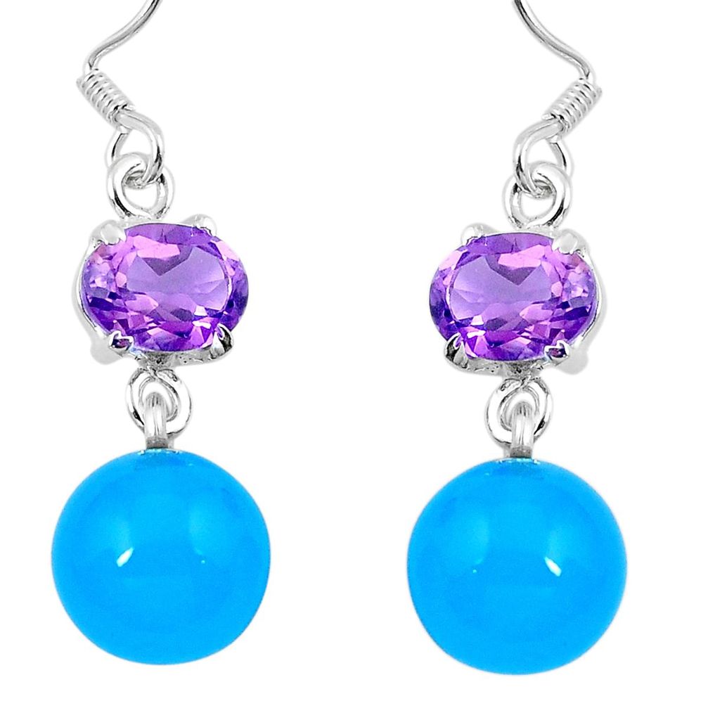Natural blue chalcedony purple amethyst 925 silver dangle earrings d27651