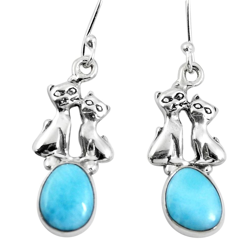 Natural blue larimar 925 sterling silver two cats earrings d27804