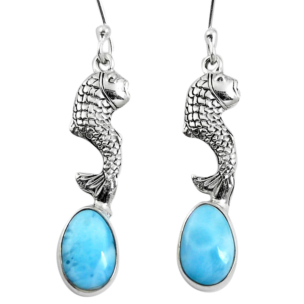 Natural blue larimar 925 sterling silver fish earrings jewelry d27807