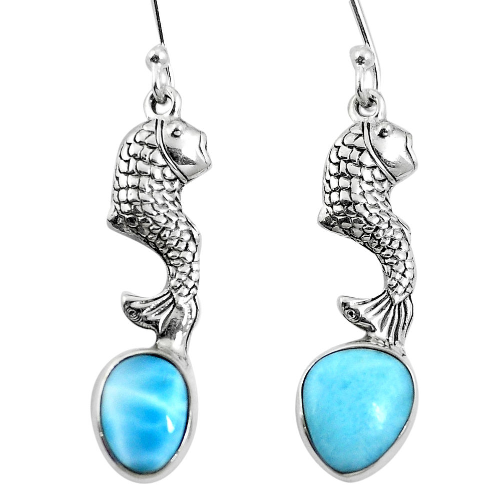 Natural blue larimar 925 sterling silver fish earrings jewelry d27808