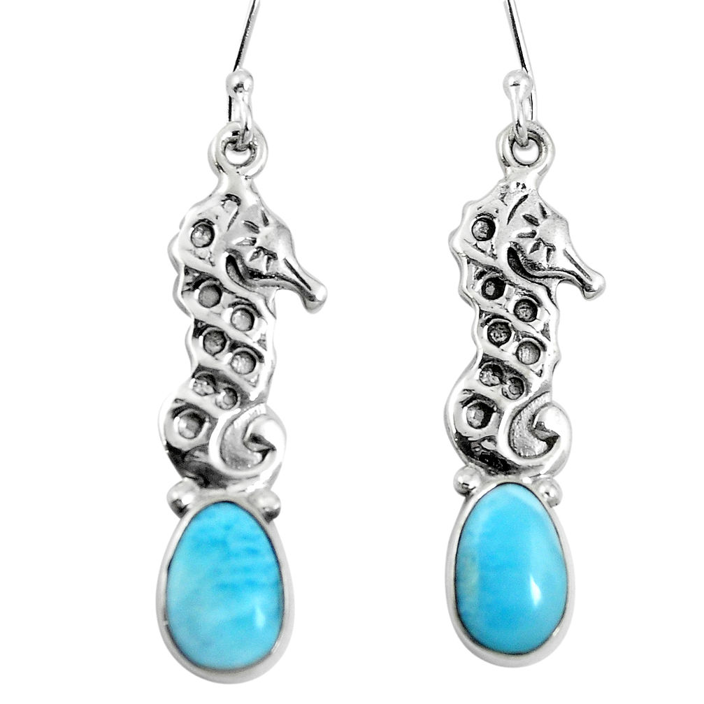 Natural blue larimar 925 sterling silver dangle seahorse earrings jewelry d27810