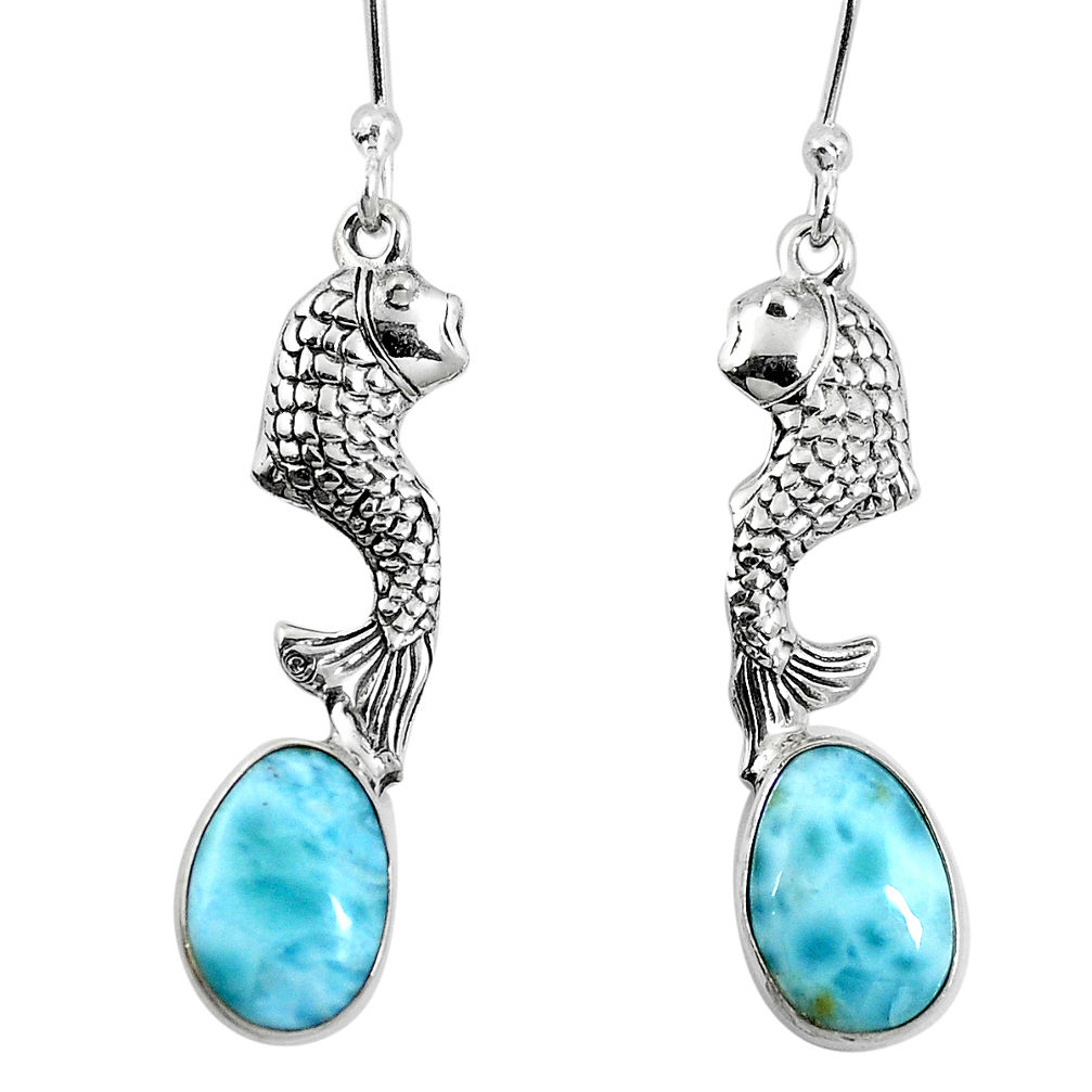 Natural blue larimar 925 sterling silver fish earrings jewelry d27812