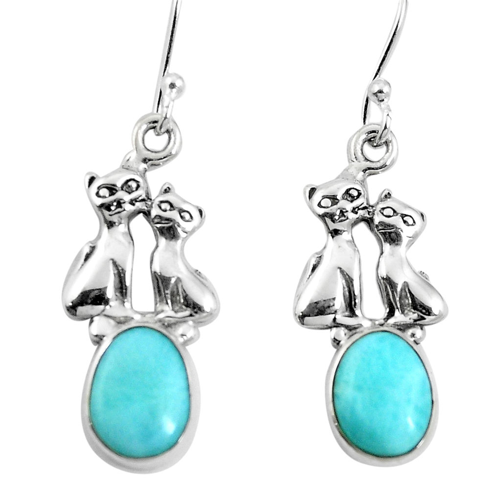 Natural blue larimar 925 sterling silver two cats earrings d27813