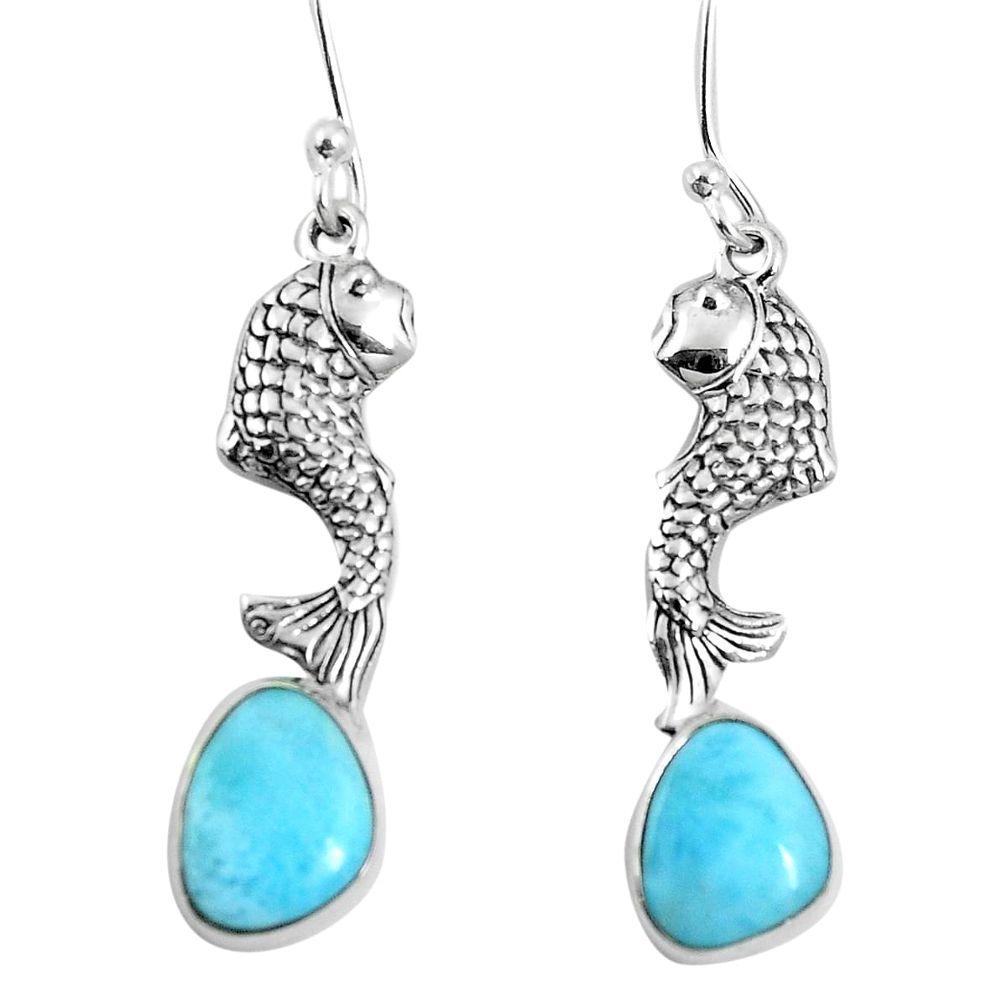 Natural blue larimar 925 sterling silver fish earrings jewelry d27814