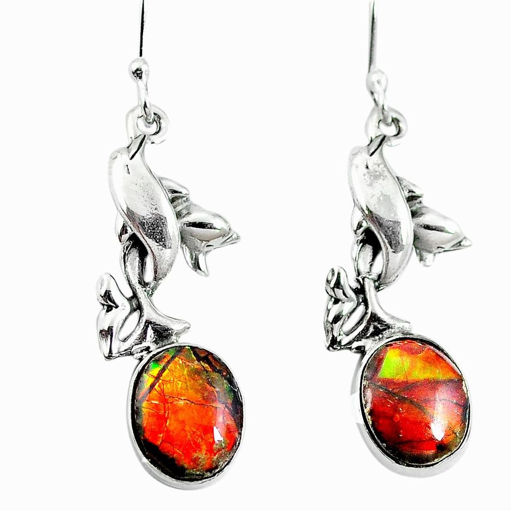 Natural multi color ammolite (canadian) 925 silver dolphin earrings d27823