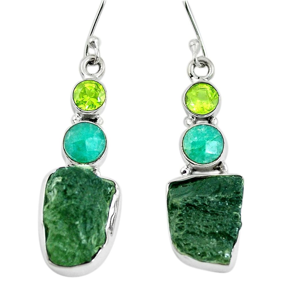 Natural green moldavite (genuine czech) 925 silver dangle earrings d27825