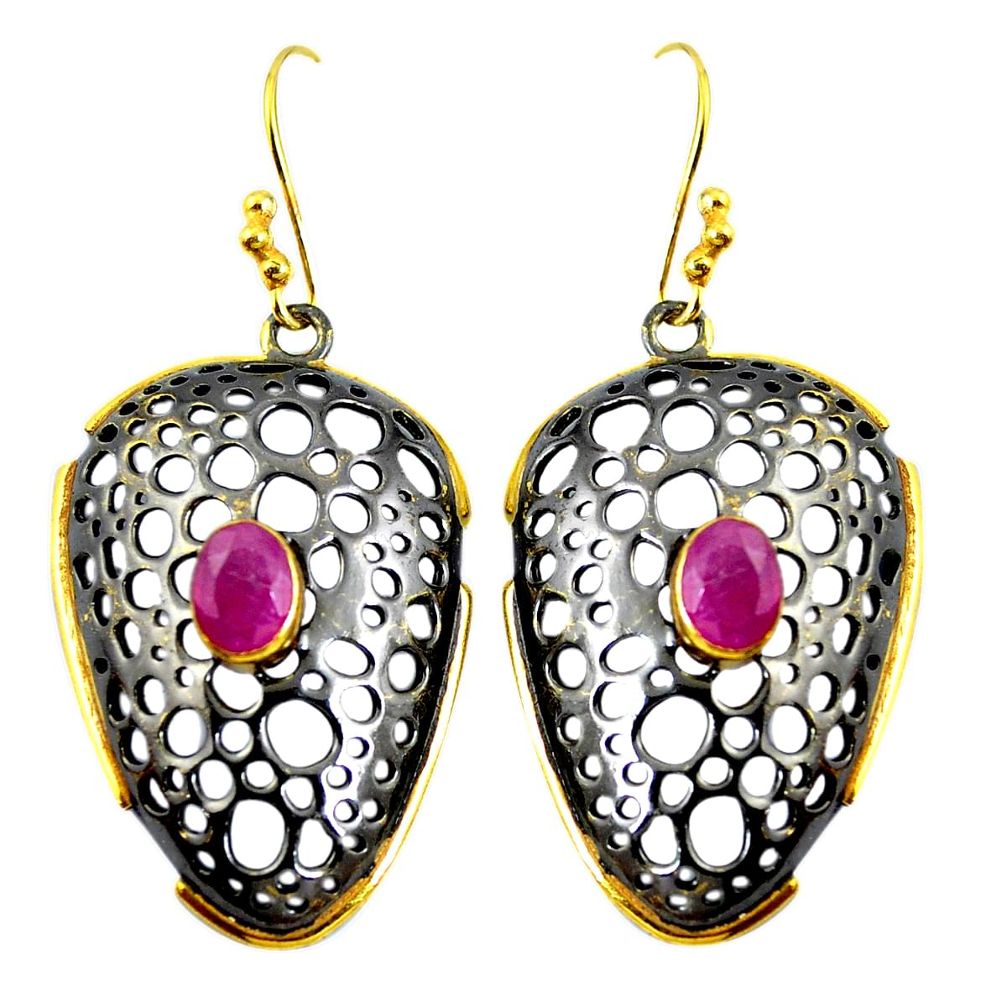 Natural red ruby 925 sterling silver 14k gold dangle earrings d27832