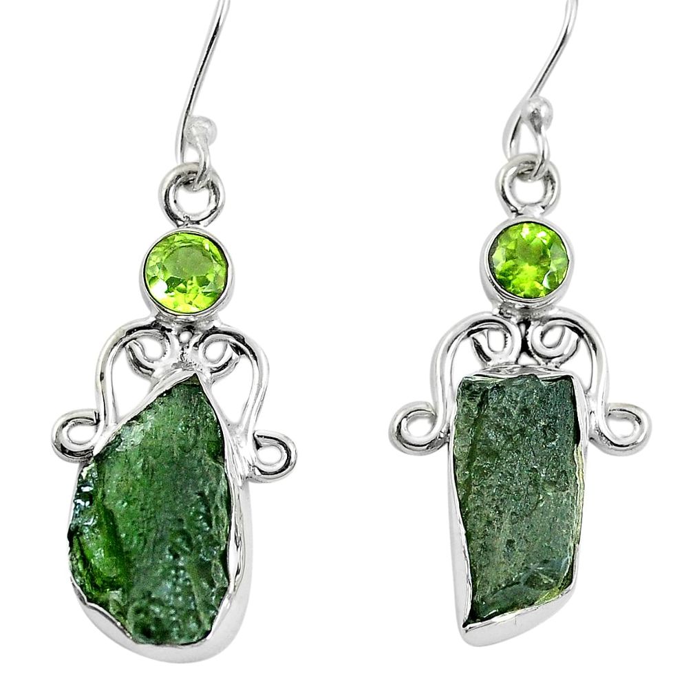 Natural green moldavite (genuine czech) 925 silver dangle earrings d27847