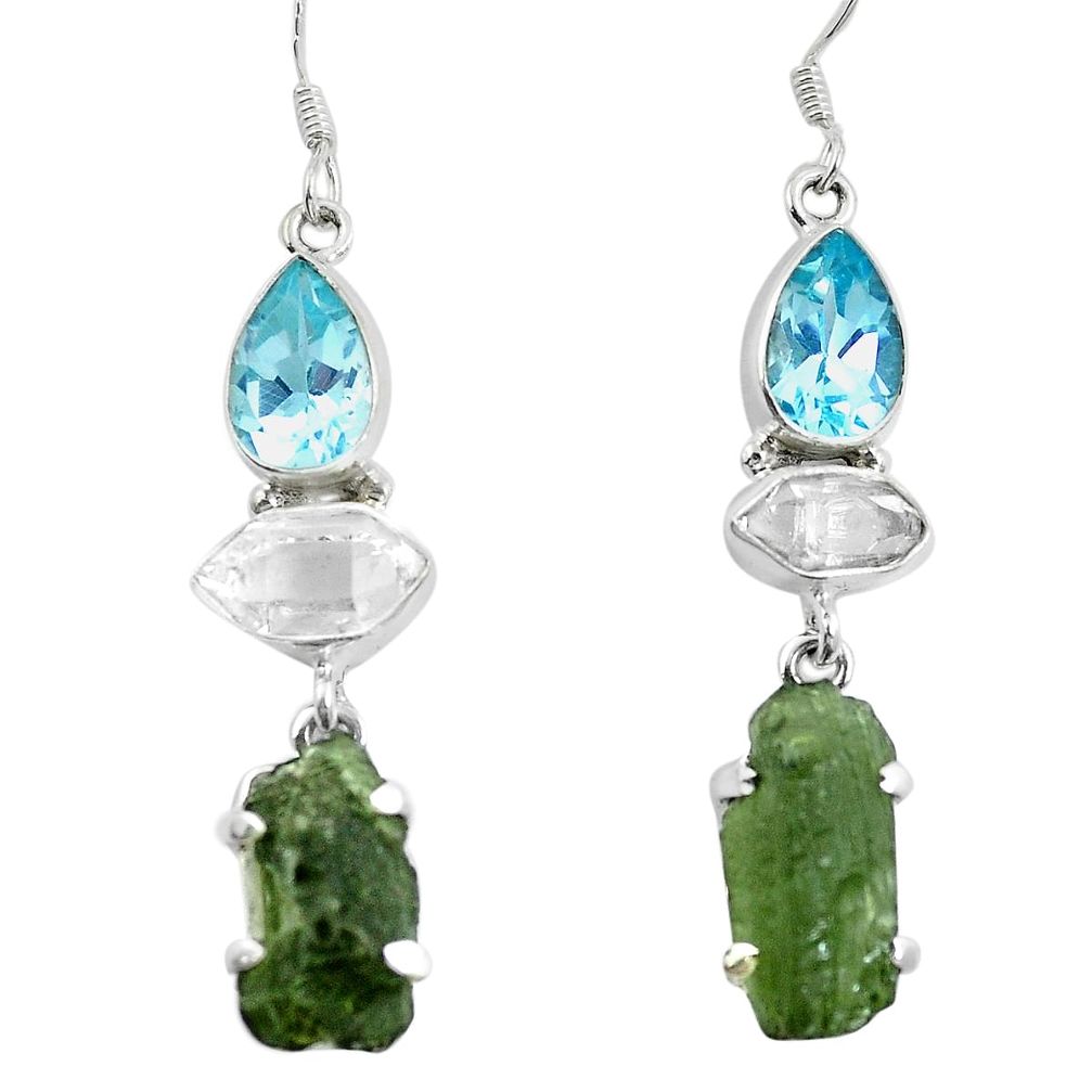 Natural green moldavite (genuine czech) 925 silver dangle earrings d27848