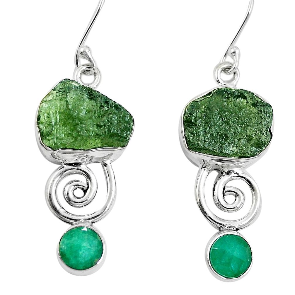 Natural green moldavite (genuine czech) 925 silver dangle earrings d27857