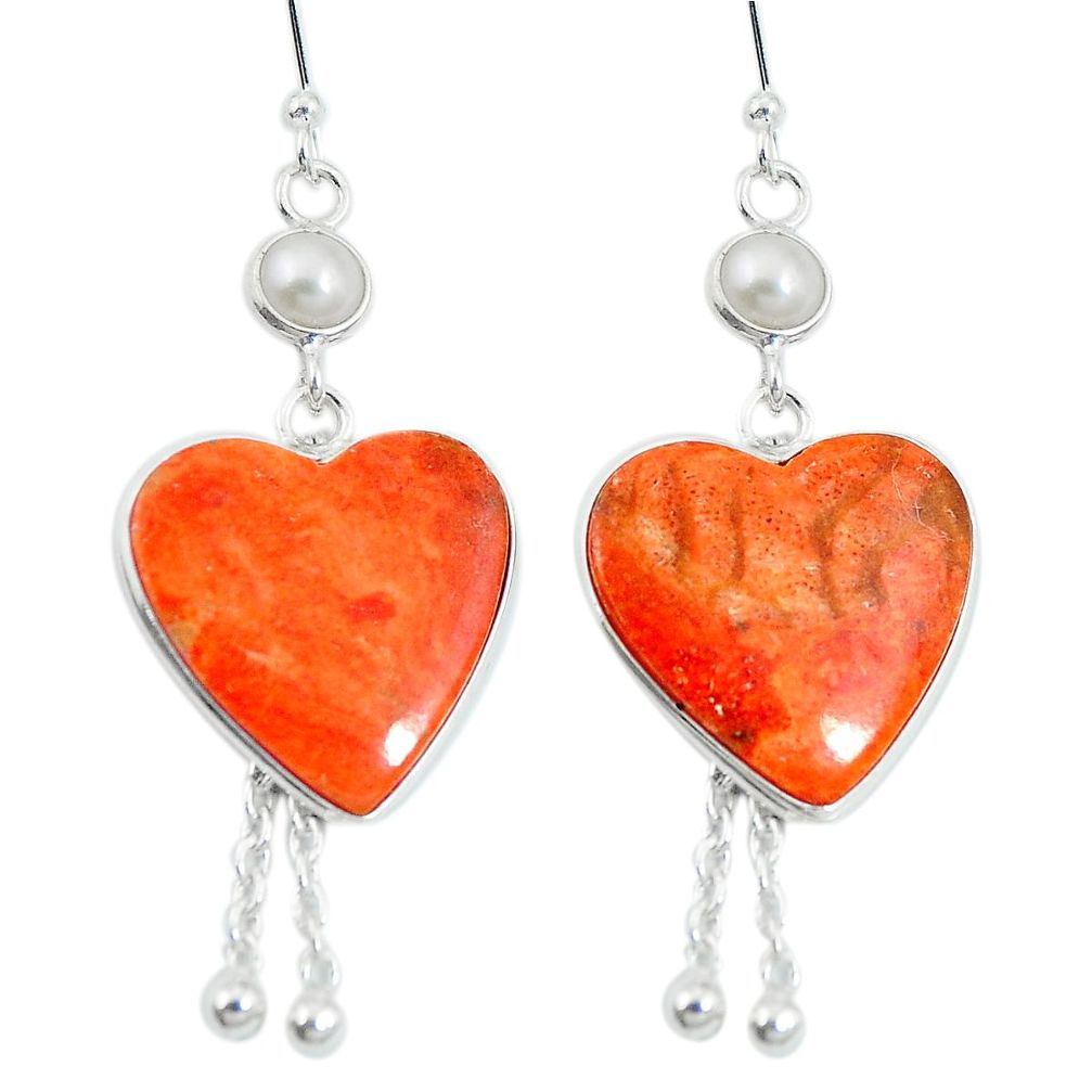 Red copper turquoise heart pearl 925 sterling silver dangle earrings d27886