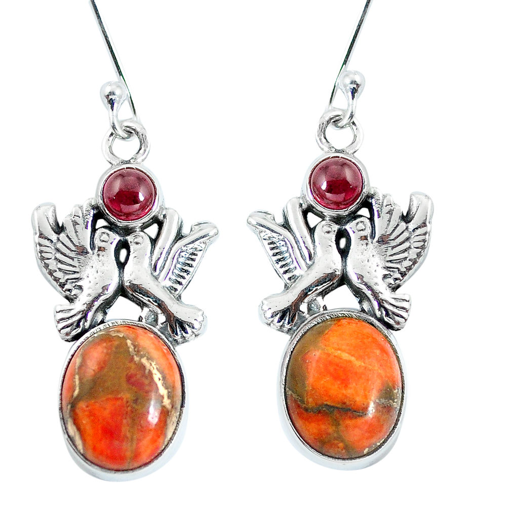 Red copper turquoise garnet 925 silver love birds earrings jewelry d27912
