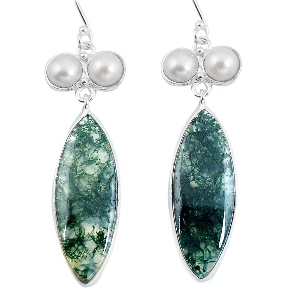 Natural green moss agate pearl 925 silver dangle earrings d29392