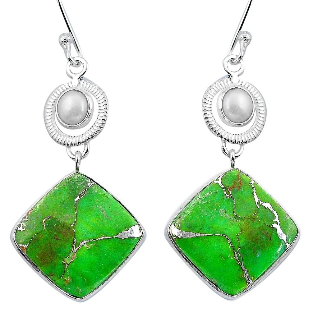 Green copper turquoise pearl 925 sterling silver dangle earrings d29413