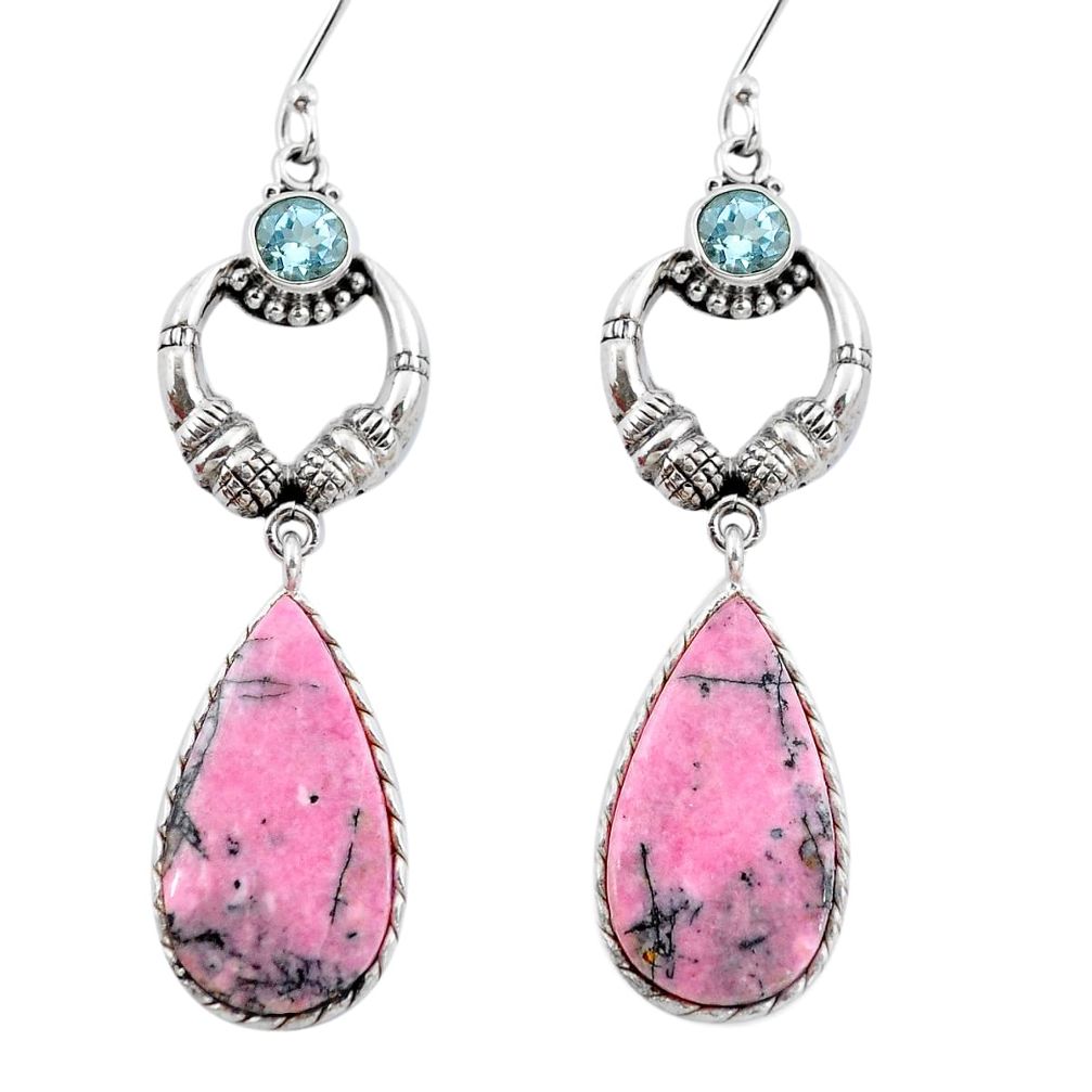 Natural pink rhodonite in black manganese 925 silver dangle earrings d29422