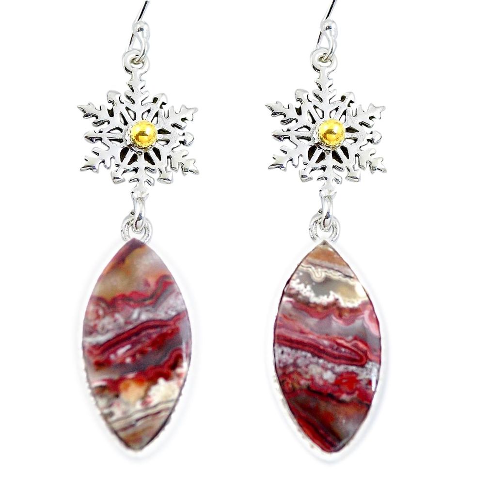 Natural mexican laguna lace agate 925 silver 14k gold dangle earrings d29427