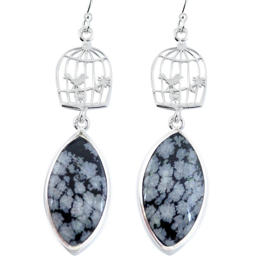 Natural black australian obsidian 925 silver dangle cage charm earrings d29437