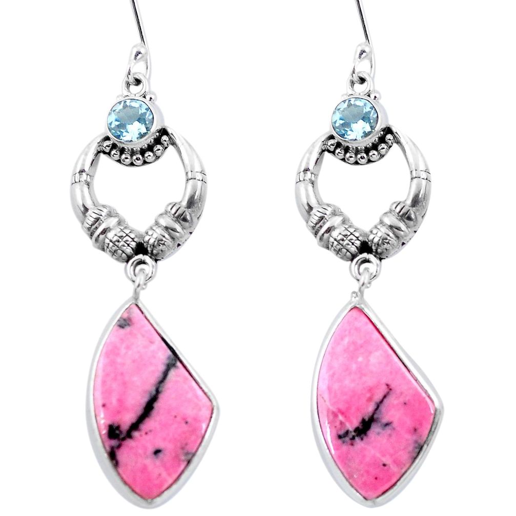 Natural pink rhodonite in black manganese 925 silver dangle earrings d29438