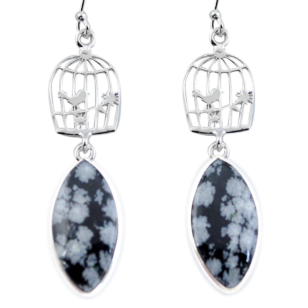 Natural black australian obsidian 925 silver dangle cage charm earrings d29440