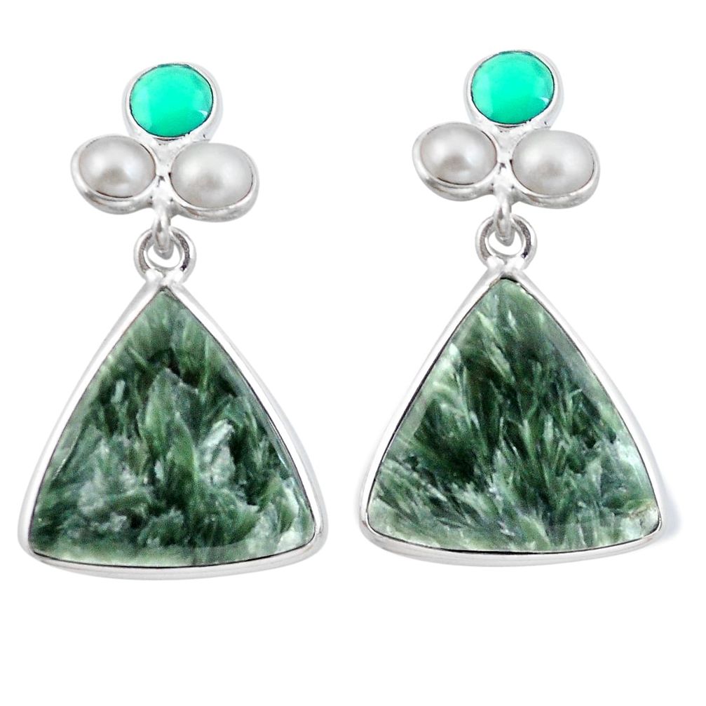 Natural green seraphinite (russian) 925 silver dangle earrings jewelry d29442
