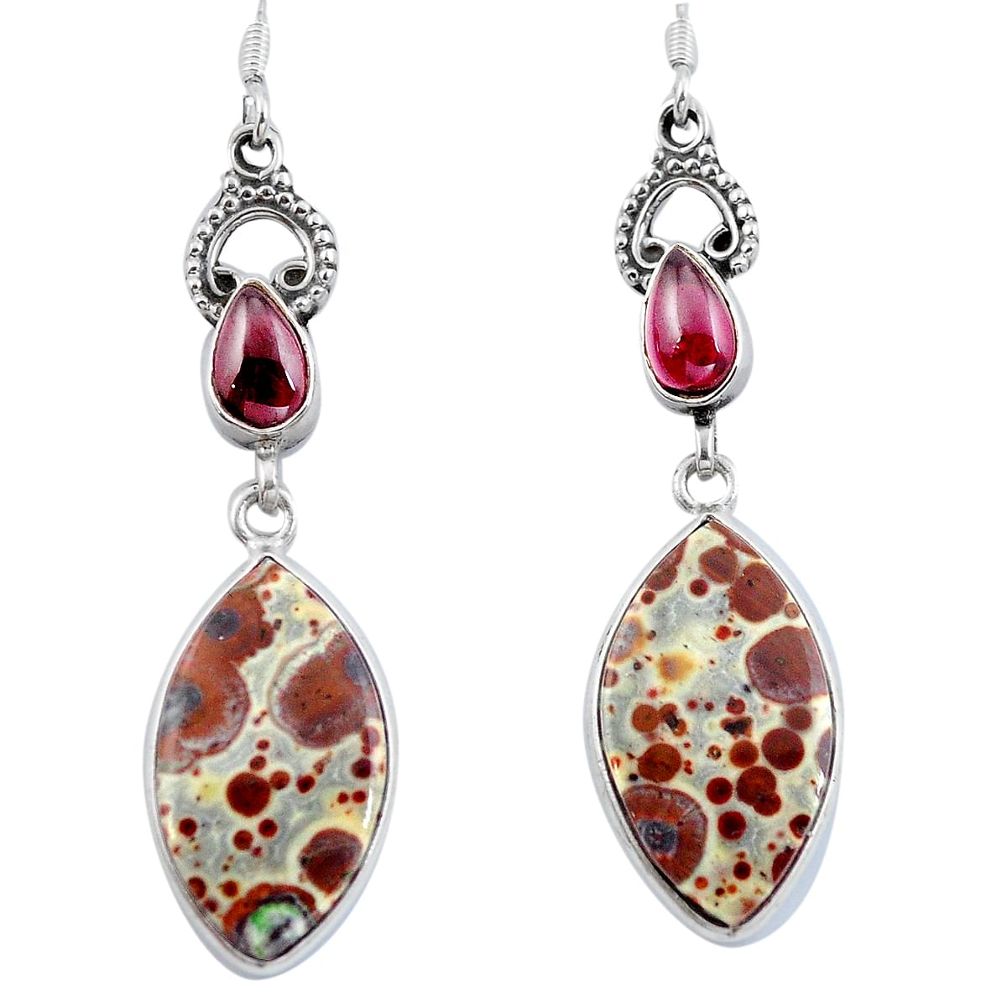 Natural brown snakeskin jasper garnet 925 silver dangle earrings d29445