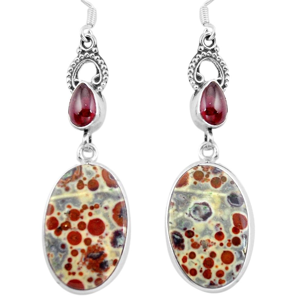 925 silver natural brown snakeskin jasper red garnet dangle earrings d29460