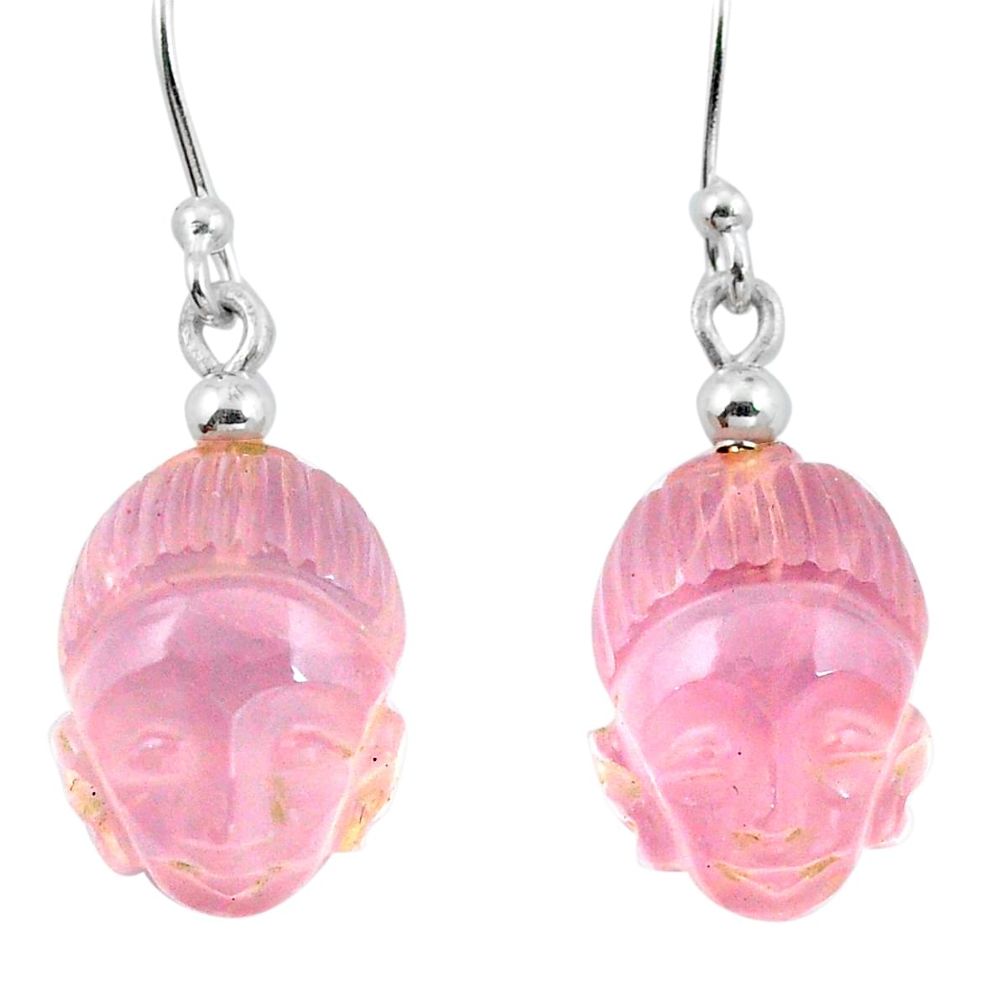 Natural pink rose quartz 925 silver buddha charm earrings jewelry d29466