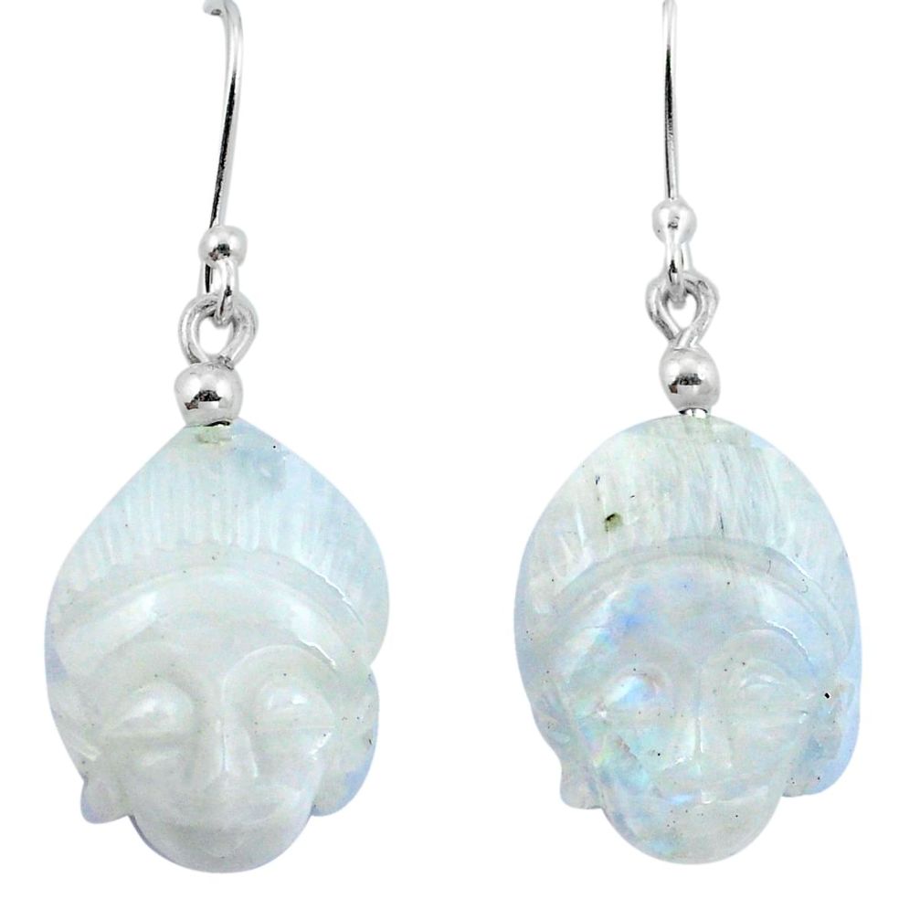 Natural rainbow moonstone 925 silver buddha charm earrings d29467