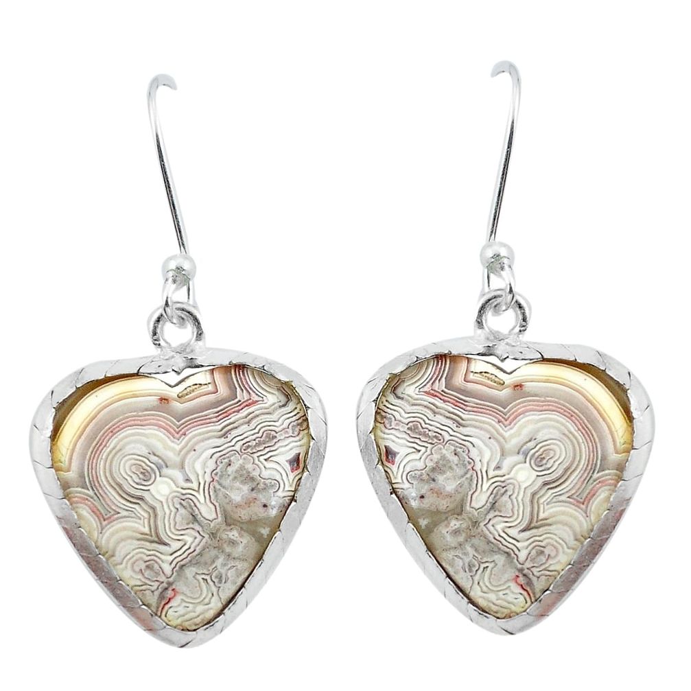 Natural mexican laguna lace agate 925 silver heart love earrings d29477
