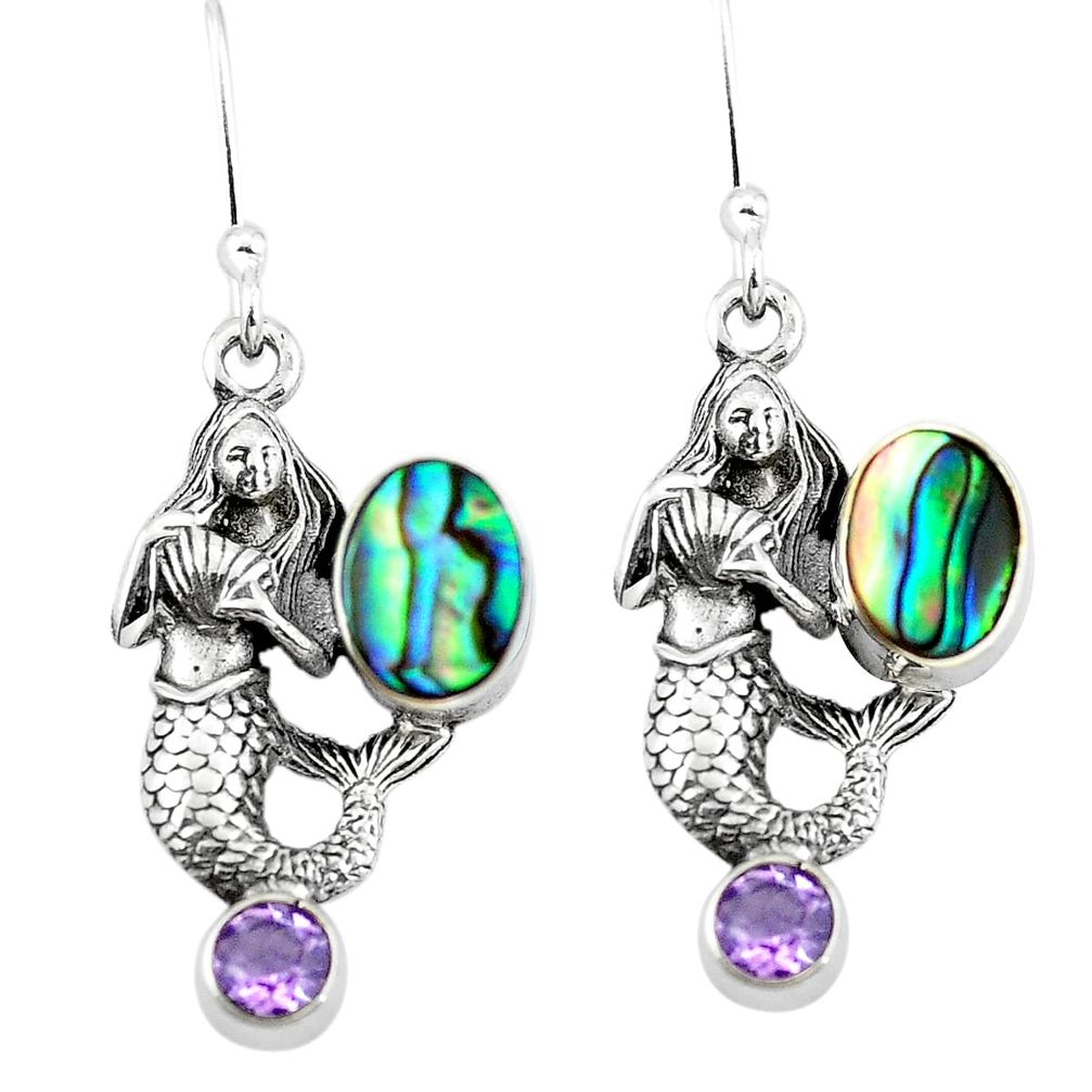 Natural green abalone paua seashell 925 silver fairy mermaid earrings d29523