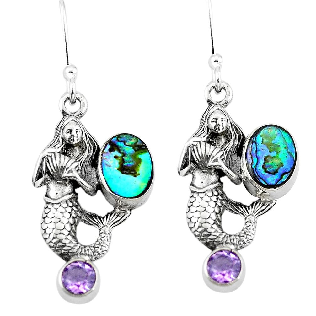 Natural green abalone paua seashell 925 silver fairy mermaid earrings d29534