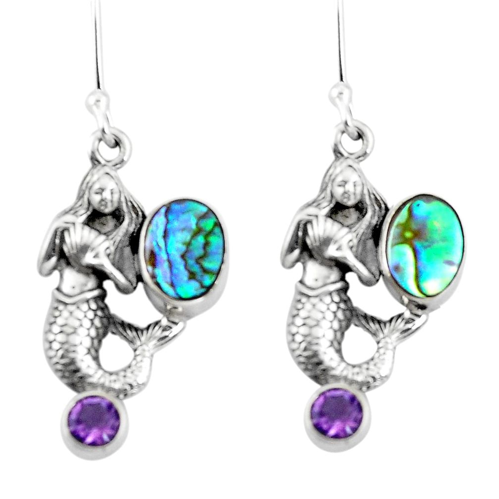 Natural green abalone paua seashell 925 silver fairy mermaid earrings d29536