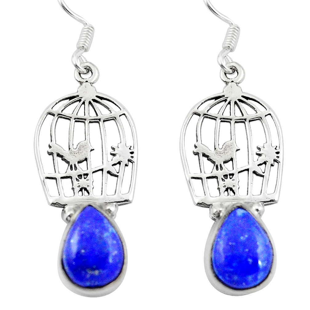Natural blue lapis lazuli 925 sterling silver dangle cage charm earrings d29621